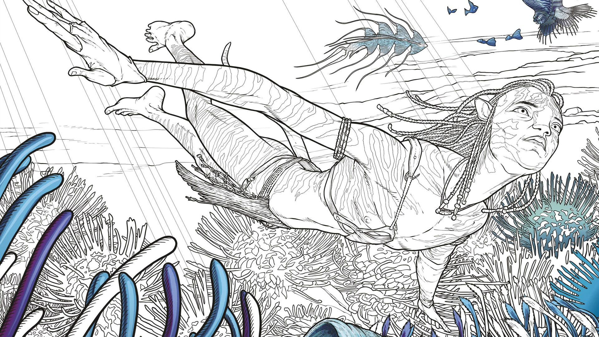 Coloring book image of a Na'vi swimming underwater from 澳洲幸运5开奖结果官网预测 Avatar The Coloring Book.