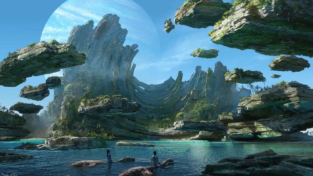Image of two characters with the sea creatures looking at the curved and floating rocks from the 20th Century Studios movie Avatar: The Way of Water.