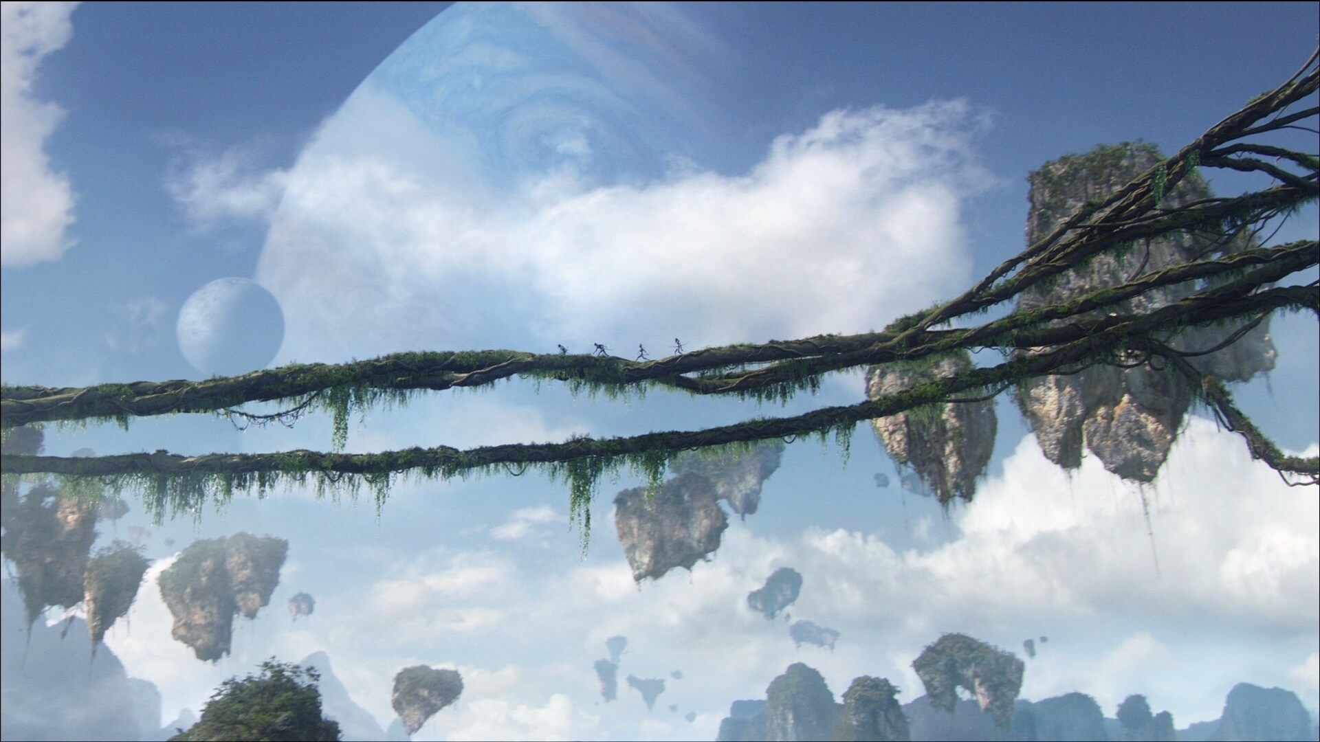 Vine Highways stretching across Pandora's floating mountains, in the daytime sky background, gas giant planet Polyphemus is visible.